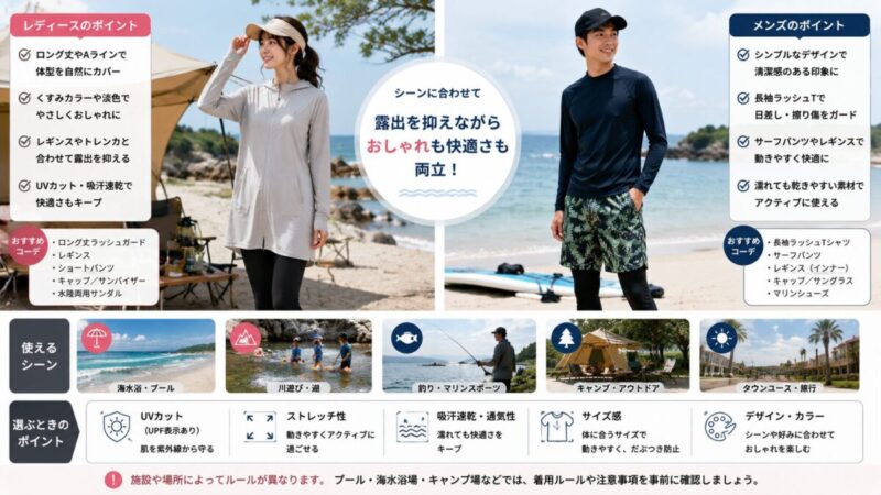 レディースとメンズの露出を抑えたおしゃれなラッシュガードコーデの比較