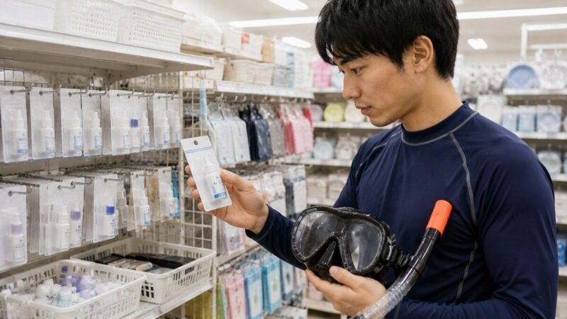 100円ショップで曇り止めが水中マスクに使えるか確認する男性