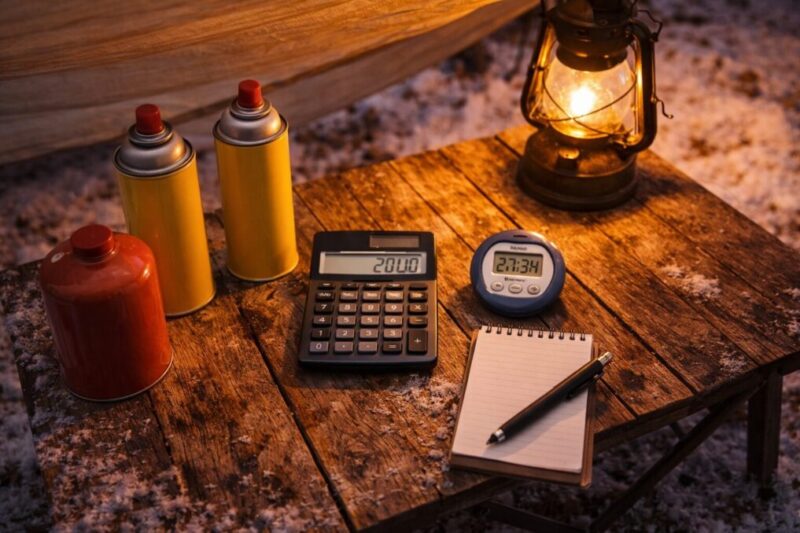 ガスボンベと電卓を並べ、燃費とガス代を計算して必要本数を見積もっている様子