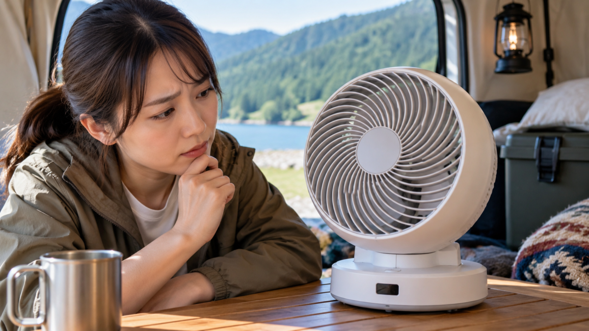 羽が回らないサーキュレーターを車中泊中に確認する女性
