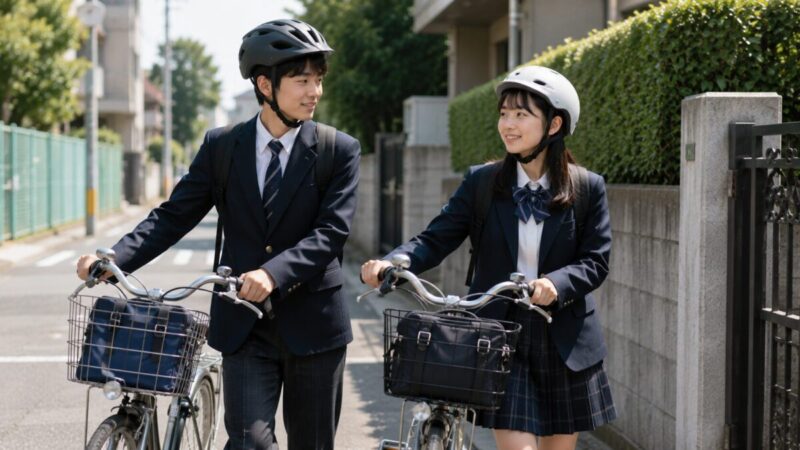 制服になじむ黒と白の自転車ヘルメットを着用して通学する高校生