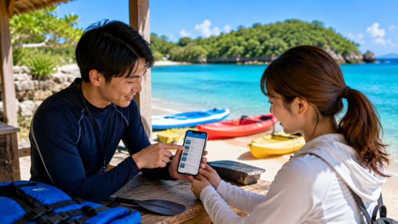 沖縄の海辺でスタッフとマリンアクティビティの予約内容を確認する様子