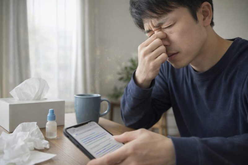 花粉症のつらさで検索して解決策を探す人のイメージ