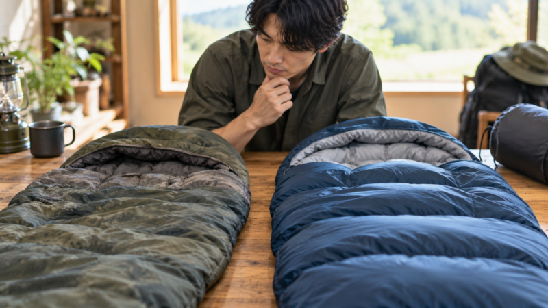 使用感や中綿のふくらみが異なる2つの寝袋を比較している様子