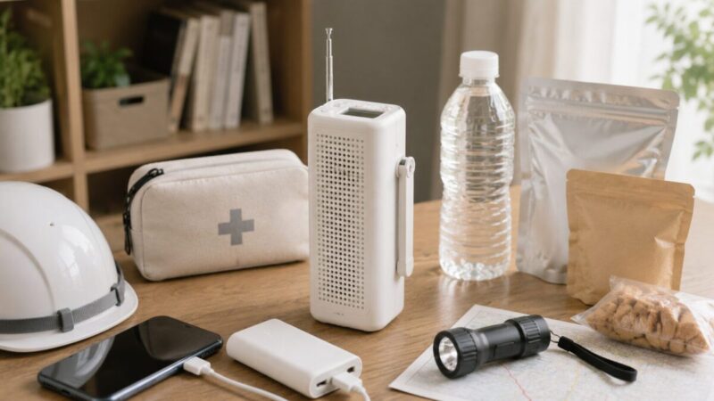 室内で備えやすい白い手回し充電ラジオと防災用品