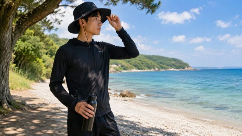 黒い長袖ラッシュガードを着て日差しの強い海辺で暑さ対策をする様子