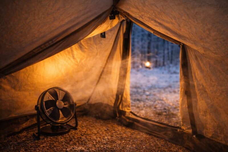 テント入口近くに置いた小型ファンで空気を動かし、換気口を開けてよどみを減らす様子
