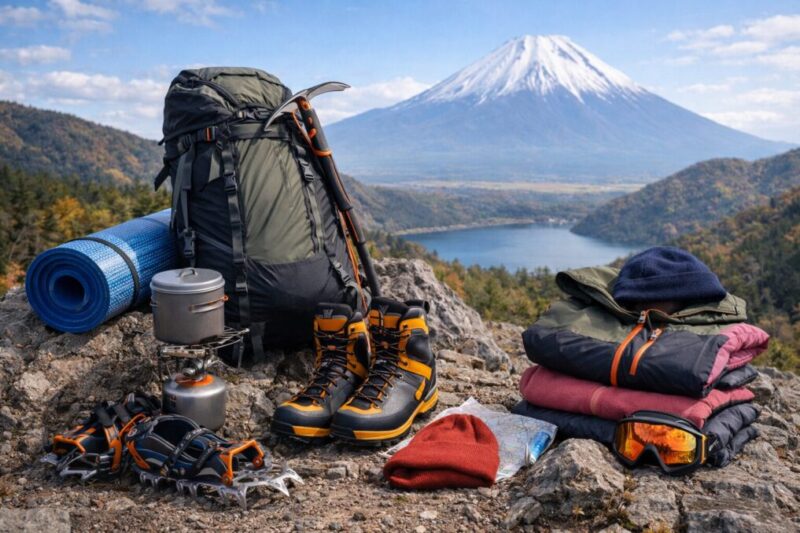 富士登山に向けた装備をまとめて準備している様子