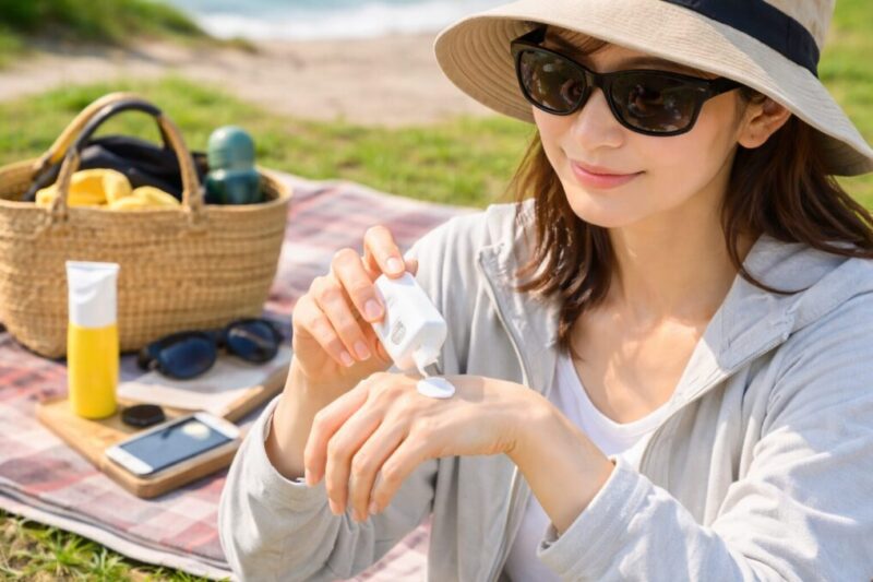 外出先で日焼け止めを手に取って塗り直す様子