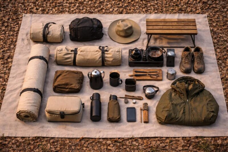 ソロキャンプで扱いやすい軽量ギアをまとめて並べた俯瞰写真