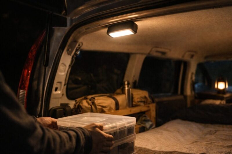 マグネット固定の小型ライトを車内の金属面に取り付けて使っている様子