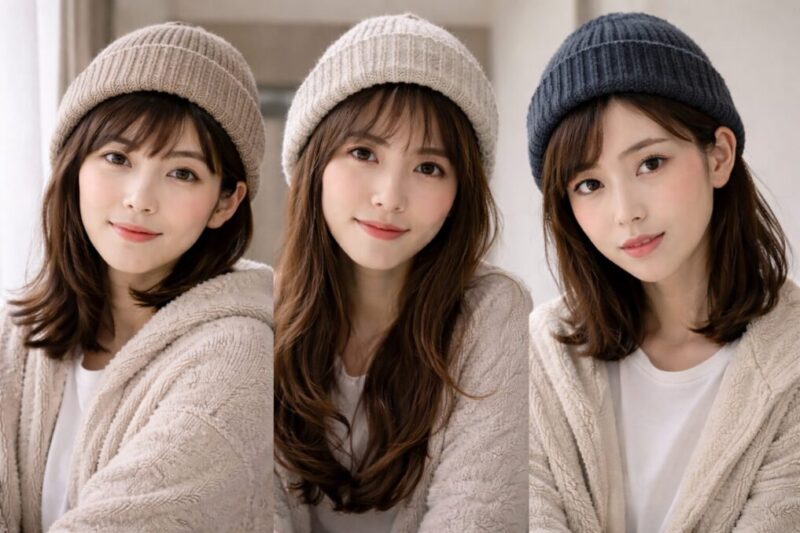 ニット帽の色と被り方の違いで、顔まわりの見え方を比べられる3人の比較イメージ写真