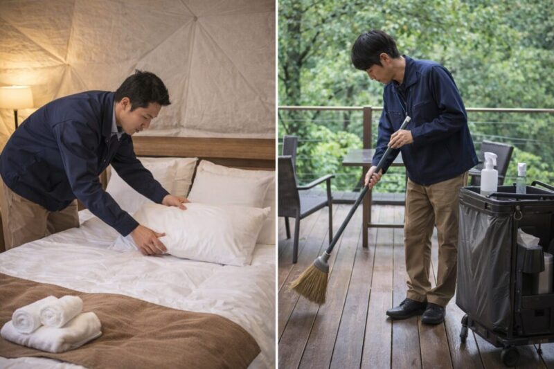 グランピング施設の清掃業務を表すイメージ写真