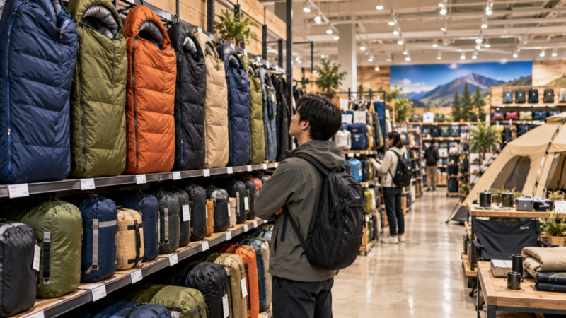 アウトドア用品店の寝袋売り場で複数の商品を見比べる男性