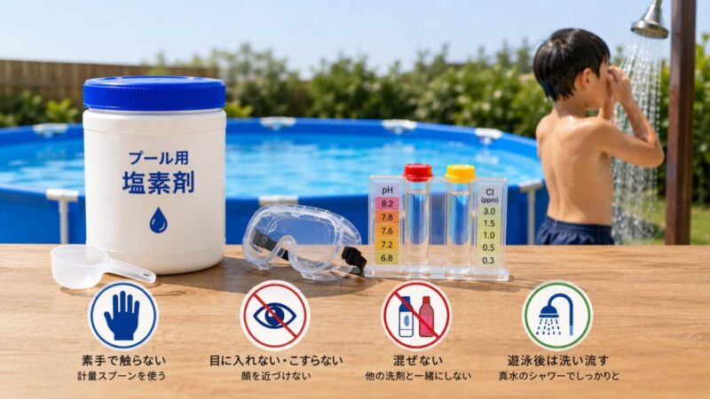 家庭用プールの塩素剤を安全に扱い、目への付着や薬剤の混合を避けて遊泳後にシャワーで洗い流す様子