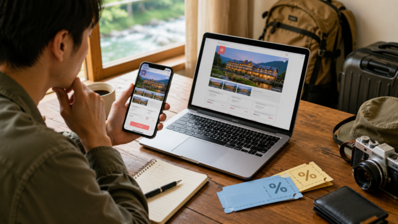 ホテル予約後にスマートフォンとパソコンで料金や割引条件を比較する旅行者