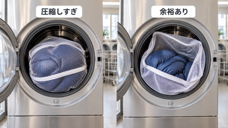寝袋を小さな洗濯ネットに詰め込んだ状態と余裕のある大型洗濯ネットに入れた状態の比較