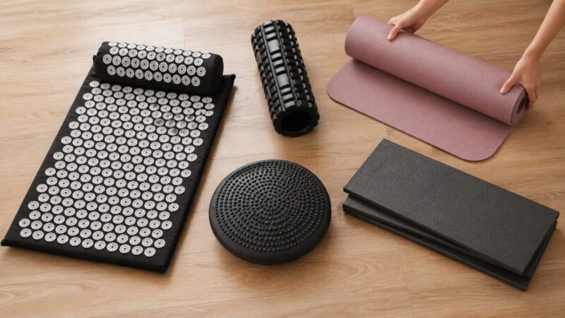 指圧マット、フォームローラー、ヨガマット、バランスパッドを用途別に並べて比較している様子。