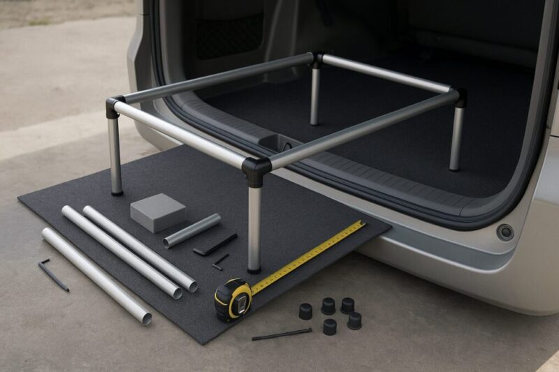 パイプとジョイントで骨組みを組み立て、サイズ感を測りながら調整しているイメージ