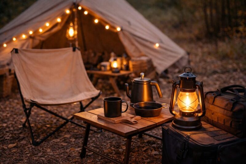 ベージュのテントと黒いキャンプ小物に、暖色のランタンの光が当たっている様子