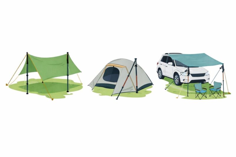 トレッキングポールの延長パーツを使った設営例を3パターンで示したイラスト