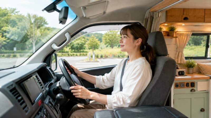 女性にも運転しやすいキャンピングカーの運転席と明るい車内イメージ