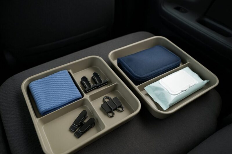 車中泊の困りごと別に小物を仕分けして改善するイメージ