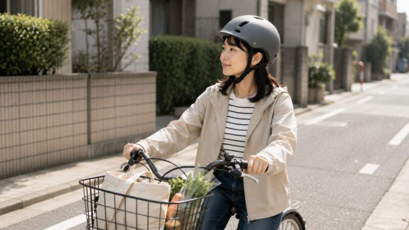 ママチャリと普段着になじむシンプルな自転車ヘルメットを着用する女性
