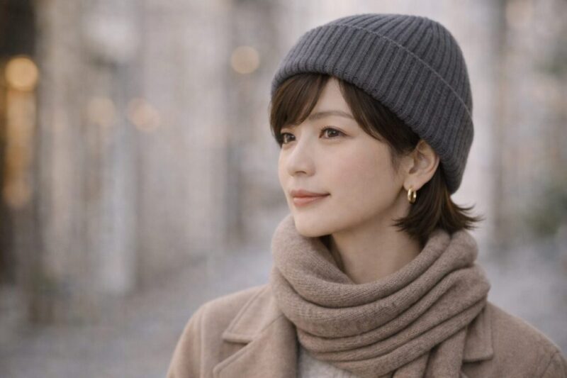 40代でも上品に見える落ち着いた色のニット帽コーデイメージ