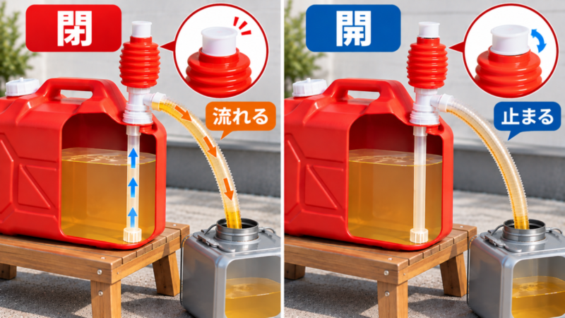 手動式灯油ポンプの空気弁を閉じて灯油が流れる状態と、弁を緩めて流れを止める状態の比較図