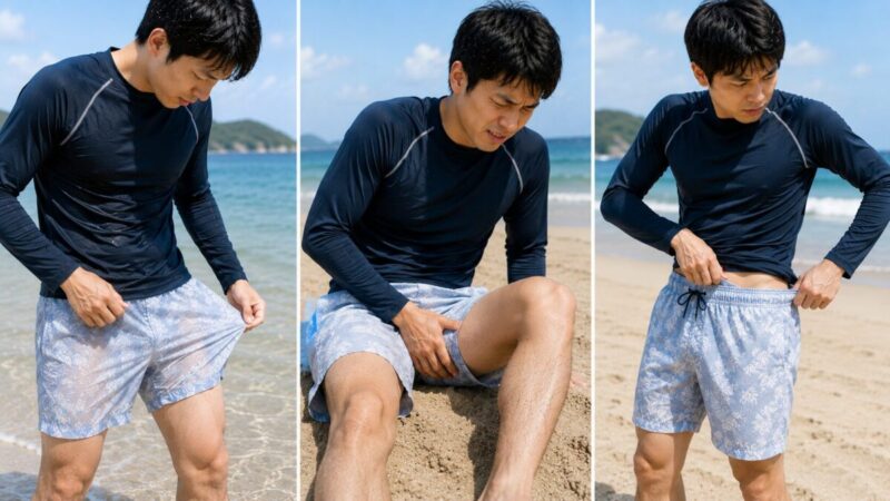 インナーなしの海パンで濡れた生地や太ももの擦れやウエストのずれを気にする男性