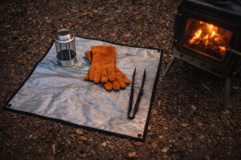 耐熱シートの上に火ばさみや耐熱手袋などを並べ、火の粉対策の装備を確認しているイメージ