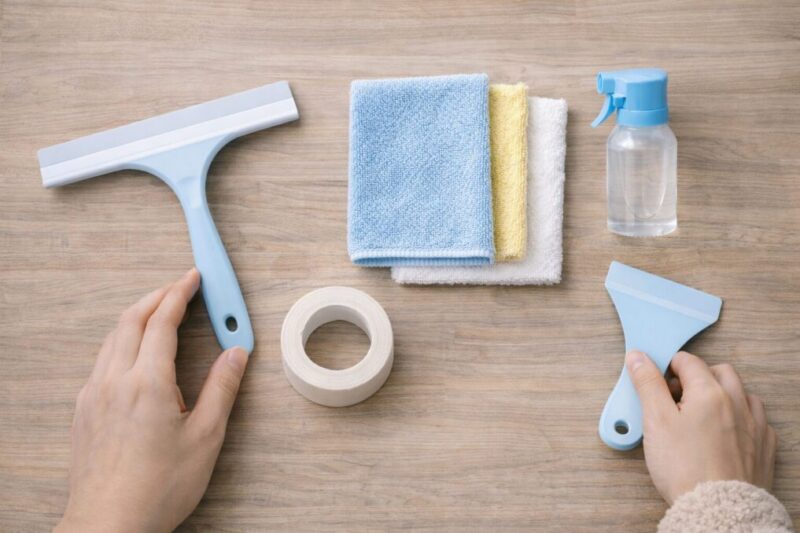 窓の結露対策に使う道具をテーブルに並べた様子