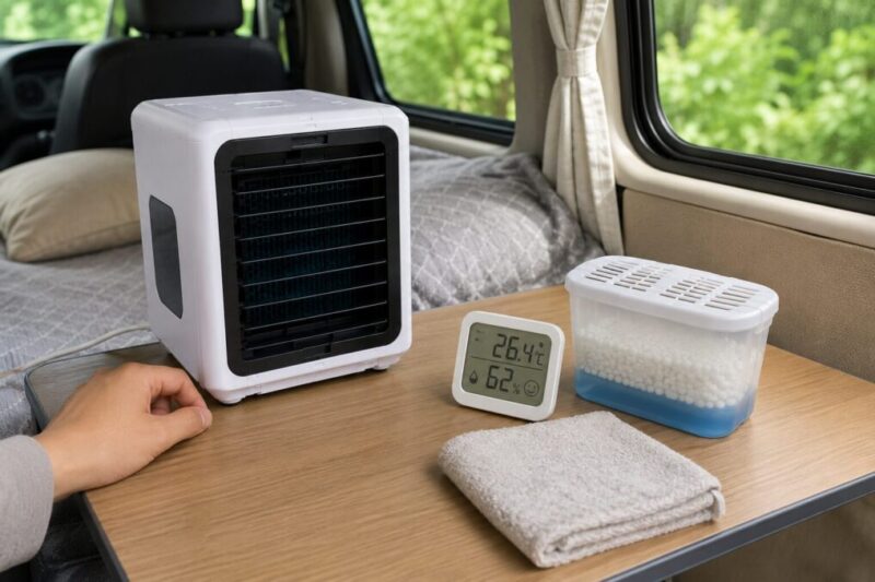 車中泊の車内で湿度計と除湿剤を置き、小型冷風扇を使っている様子。