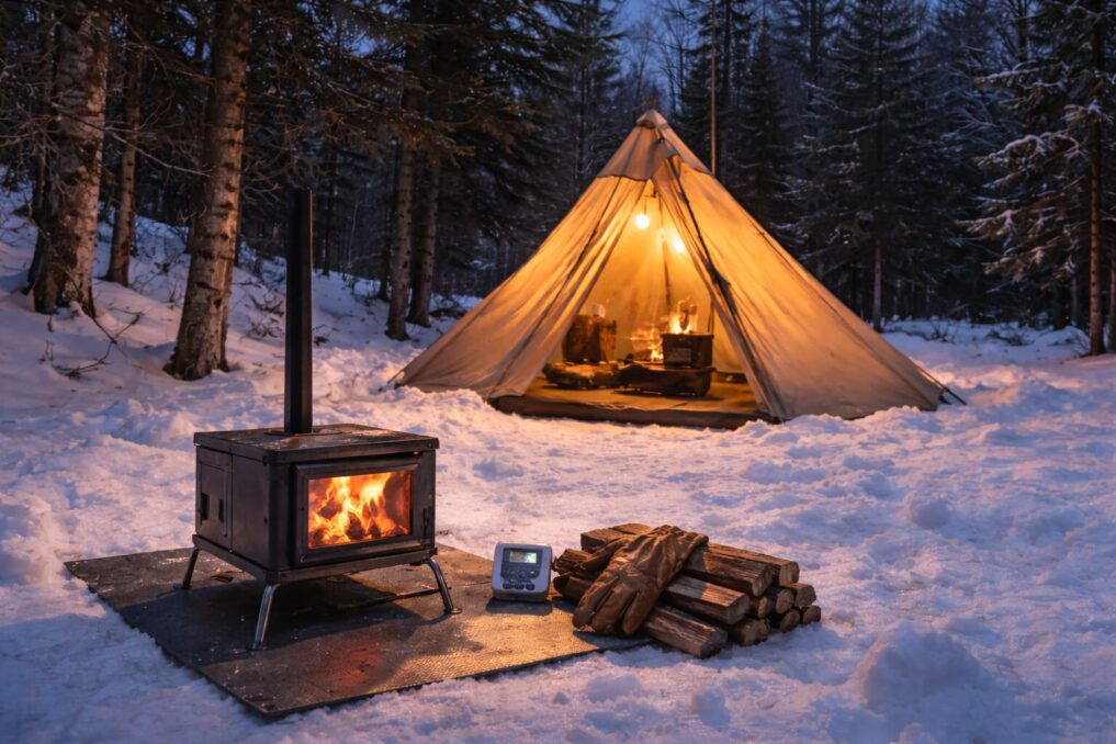雪中のキャンプサイトで薪ストーブを安全装備と一緒に運用するイメージ