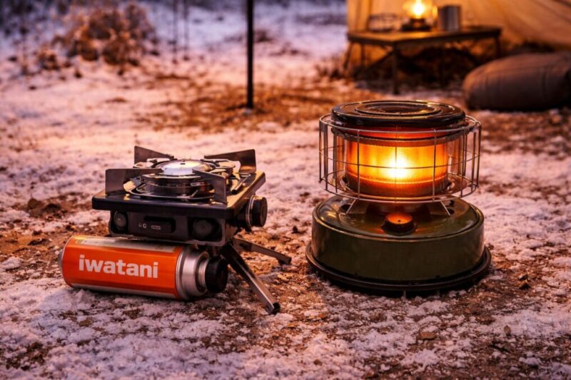 形状の違う小型ストーブを並べて比較し、自分の使い方に合う選択を検討している様子