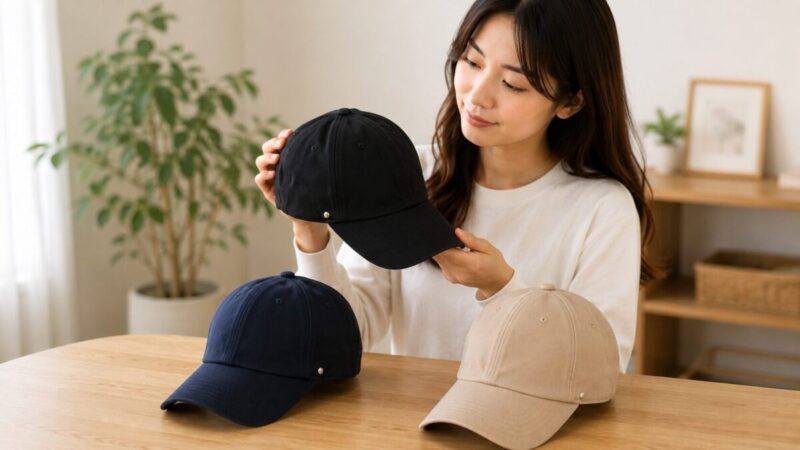 ブラック・ネイビー・ベージュの深めキャップを並べ、女性が一つを手に取って比較している様子