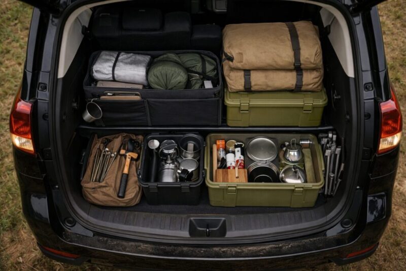 使う順に荷物を3層に分けて積んでいる荷室の俯瞰