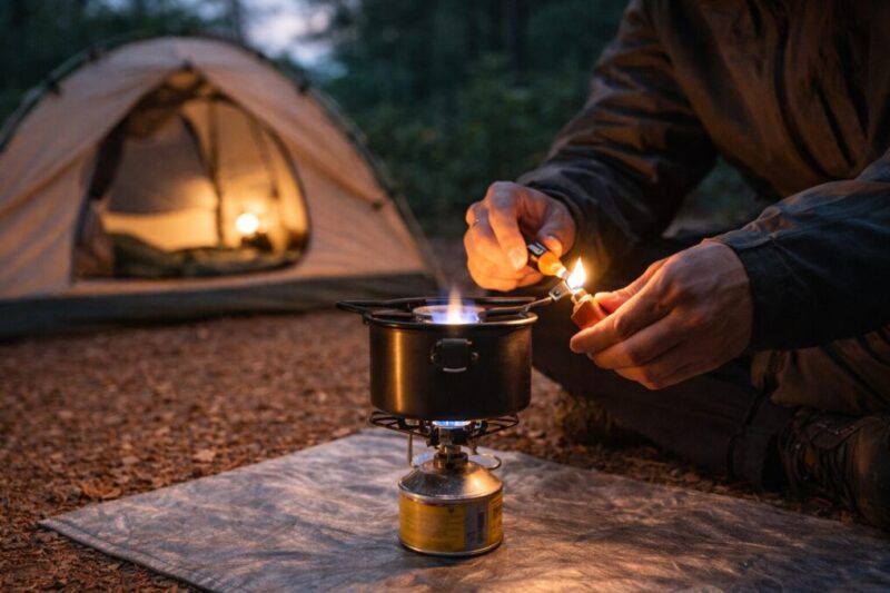 雨上がりで地面が湿った状況でも、小さなテーブルに道具をまとめて衛生的に作業している様子