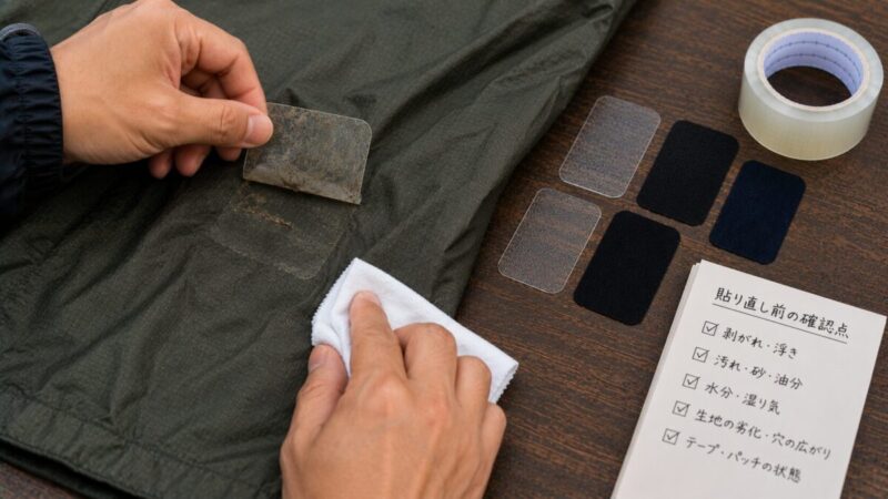浮いた古い補修パッチを剥がし、ナイロン生地の汚れを拭き取って貼り直しの準備をしている様子