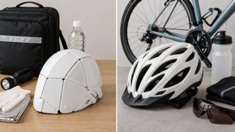 防災用ヘルメットと自転車用ヘルメットをそれぞれの用途に合わせた道具と並べて比較するイメージ