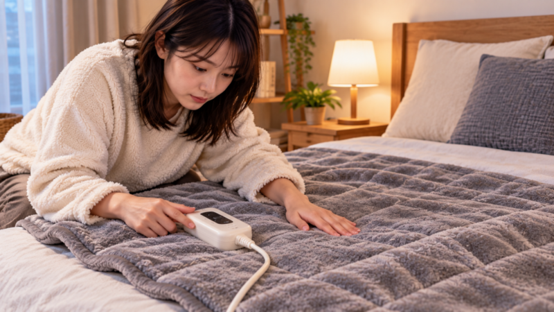 電気毛布がぬるい原因をコントローラーと暖まり方から確認する女性