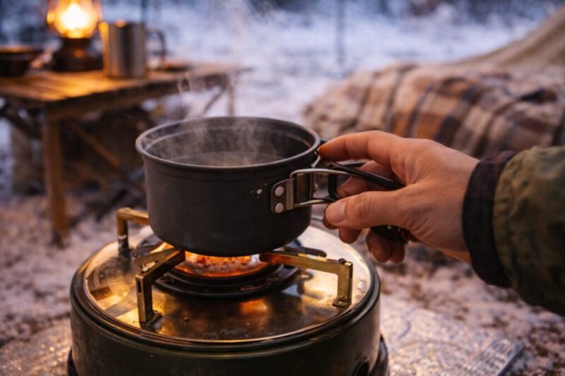 小鍋を五徳に載せてぐらつきを確認し、転倒やこぼれを防ぐために安定性をチェックしている様子