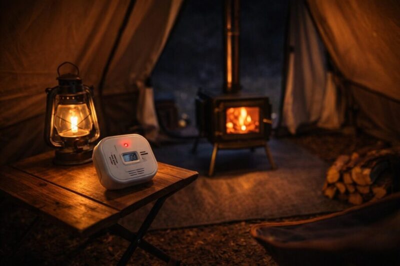 一酸化炭素対策として警報器を置き、テント入口を少し開けて換気を意識しているキャンプのイメージ