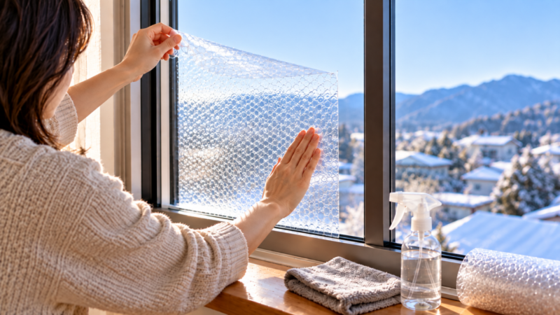 乾いた窓ガラスに透明な断熱シートを貼り付けている様子