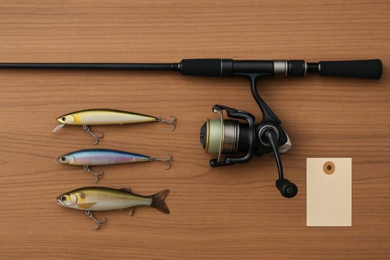 ソルト用ルアーロッドとリール、ルアーを並べてコンセプトをイメージした写真