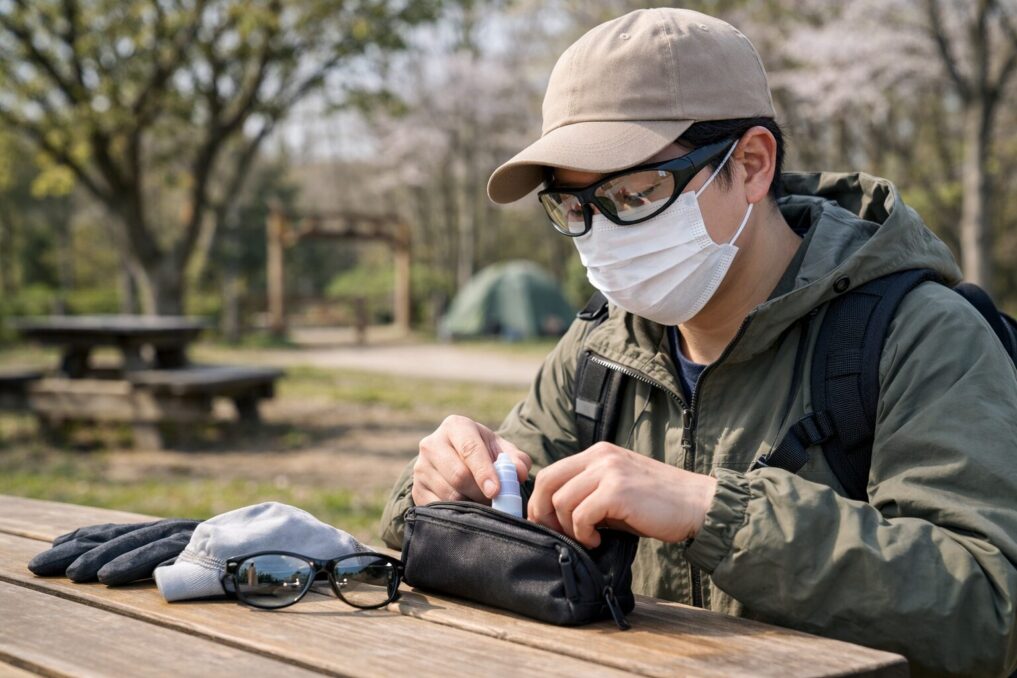 春の外遊び前に花粉対策メガネとマスクを準備しているイメージ