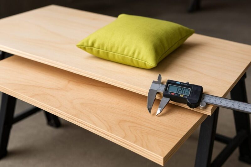 合板の厚みを測りながら、ベッド天板のたわみ対策を検討しているイメージ