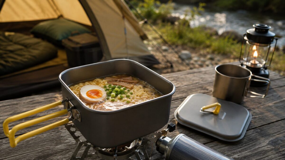 キャンプ場のテーブルで角型クッカーを使いラーメンを調理している様子