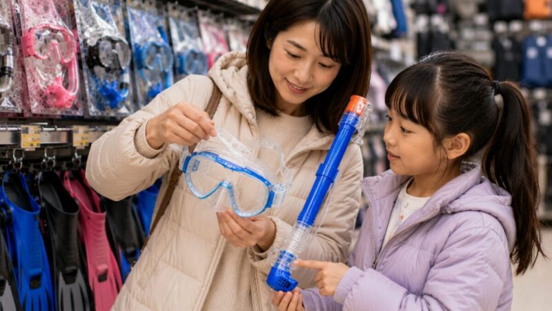 シュノーケルマスクの密着部分と排水弁を確認する親子